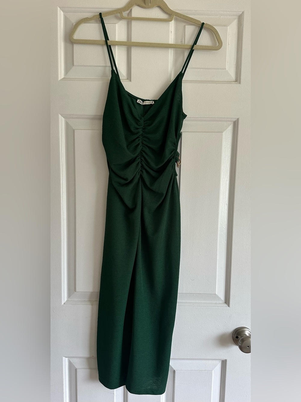 Zara Green Ruched Dress with Gold Chain